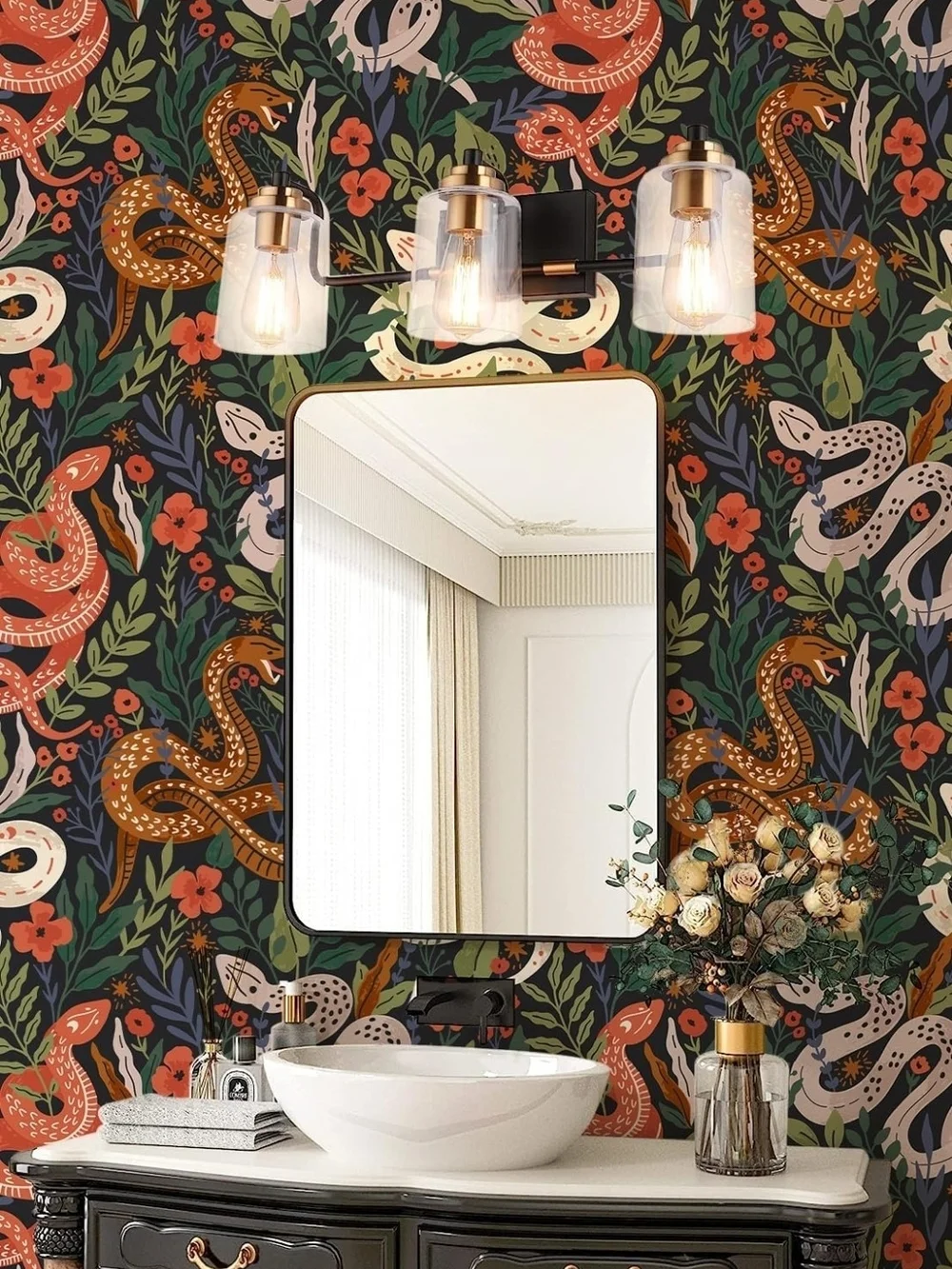 HAOKHOME Snake Wallpaper Peel & Stick Whimsical Forest Jungle Floral 9.8' X 17